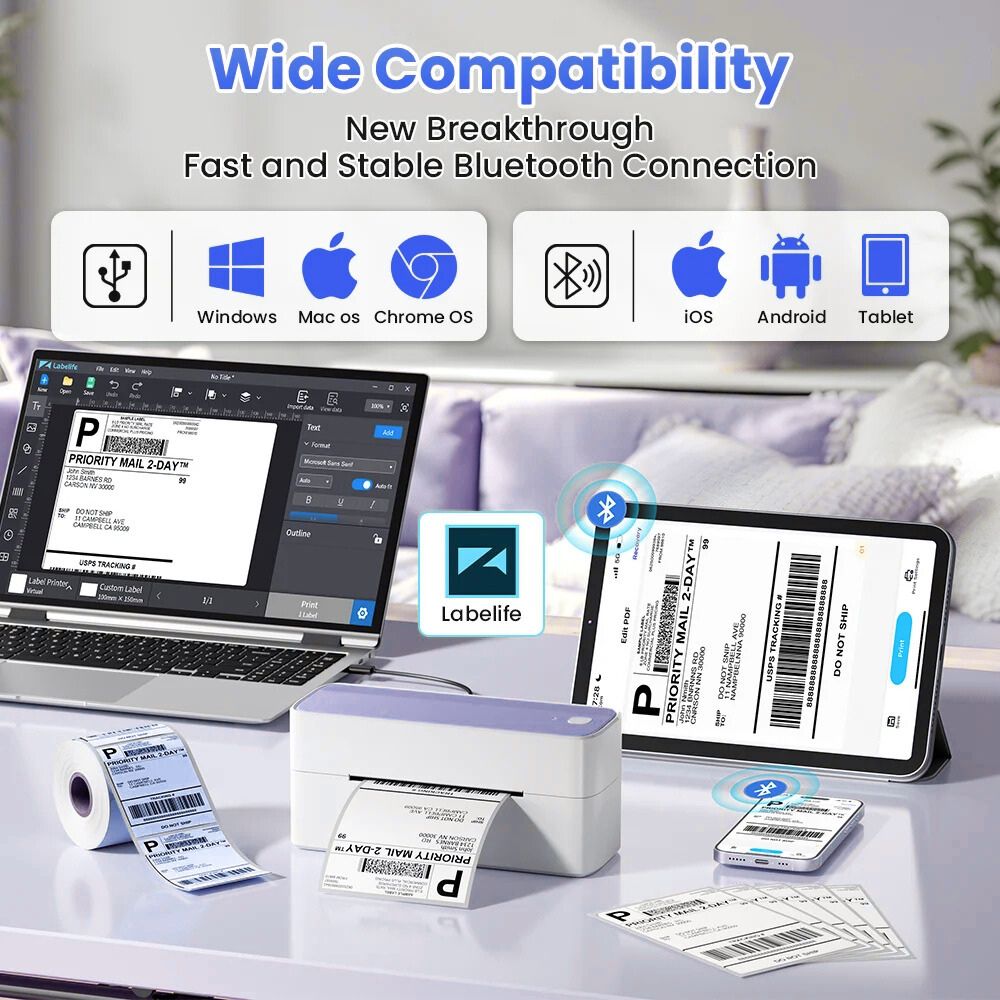 Printiup Label Air - Imprimante Thermique Étiquettes 4x6 Bluetooth Sans Fil – Compatible iPhone, Android, Mac & Windows