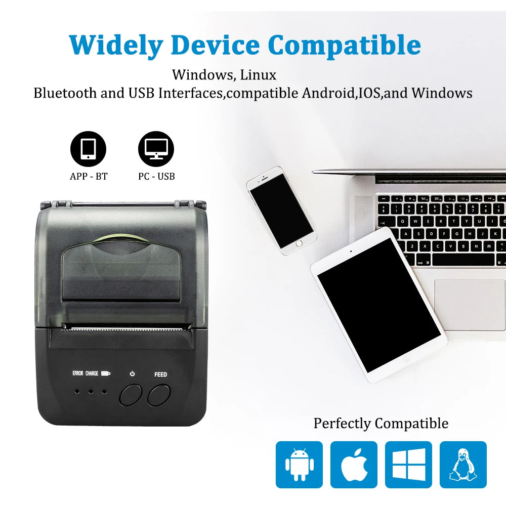 Printiup POS Pro - Imprimante Thermique Caisse Portable 58 mm – Bluetooth & USB – Multi-OS