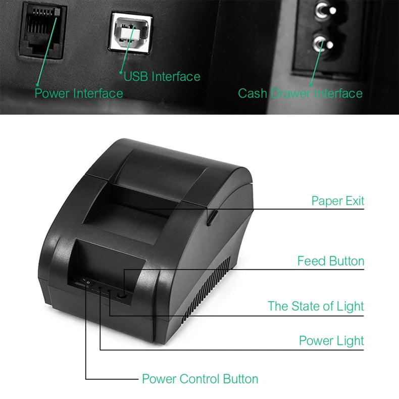 Printiup POS Pro - Imprimante Thermique Caisse Portable 58 mm – Bluetooth & USB – Multi-OS