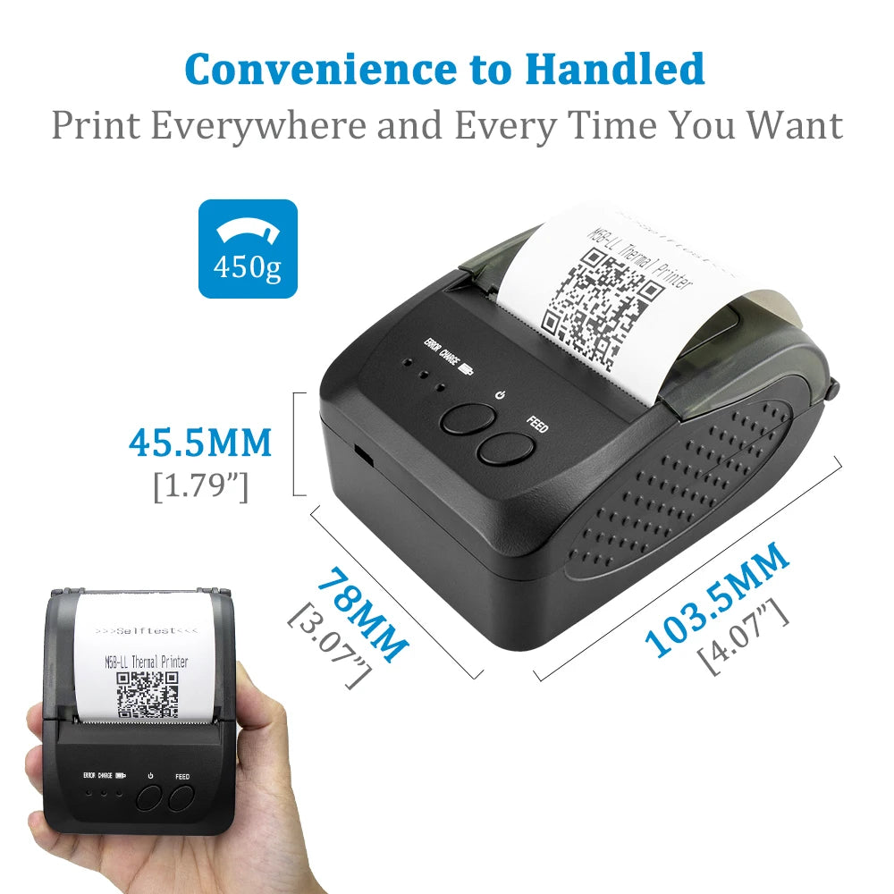 Printiup POS Pro - Imprimante Thermique Caisse Portable 58 mm – Bluetooth & USB – Multi-OS