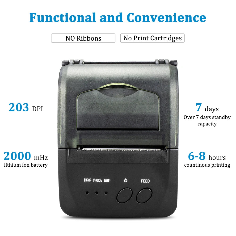 Printiup POS Pro - Imprimante Thermique Caisse Portable 58 mm – Bluetooth & USB – Multi-OS