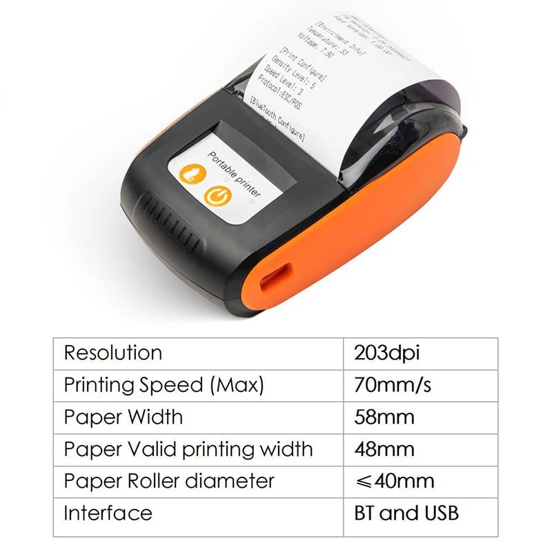 Printiup POS Go - Imprimante Thermique Caisse Portable 58 mm – Bluetooth & USB – Avec Batterie Rechargeable