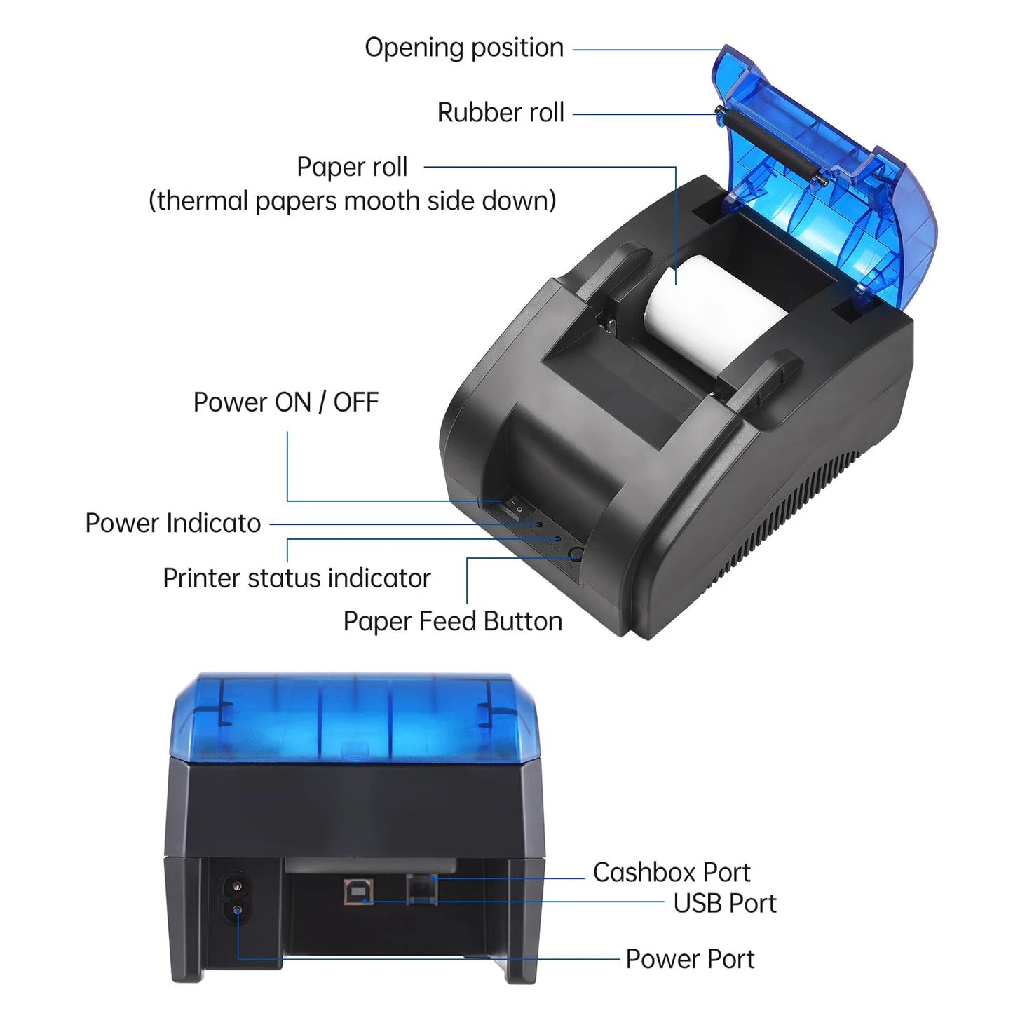 Printiup POS Flex - Imprimante Thermique Caisse 58 mm – Bluetooth & USB – Compatible iOS, Android, Windows & Mac