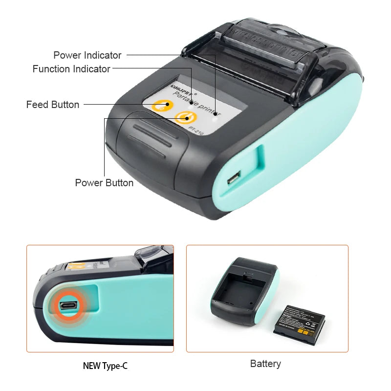 Printiup POS Go - Imprimante Thermique Caisse Portable 58 mm – Bluetooth & USB – Avec Batterie Rechargeable