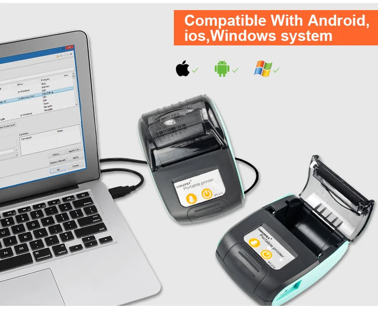 Printiup POS Go - Imprimante Thermique Caisse Portable 58 mm – Bluetooth & USB – Avec Batterie Rechargeable