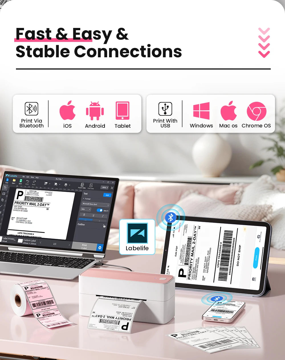 Printiup Label Air - Imprimante Thermique Étiquettes 4x6 Bluetooth Sans Fil – Compatible iPhone, Android, Mac & Windows