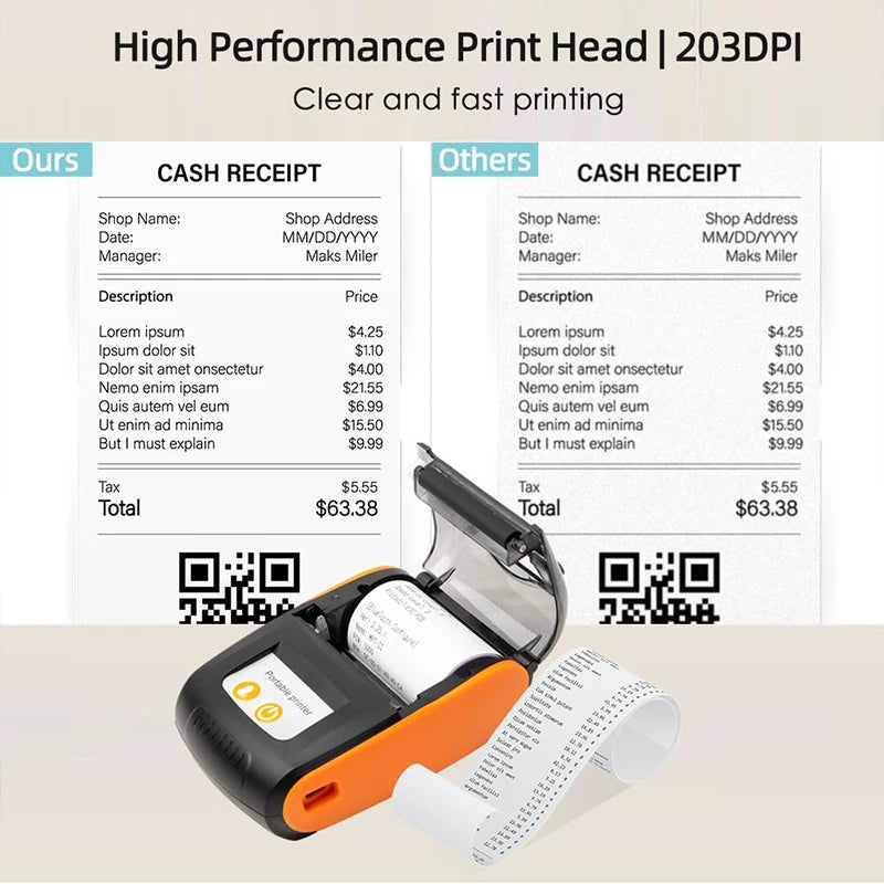Printiup POS Go - Imprimante Thermique Caisse Portable 58 mm – Bluetooth & USB – Avec Batterie Rechargeable