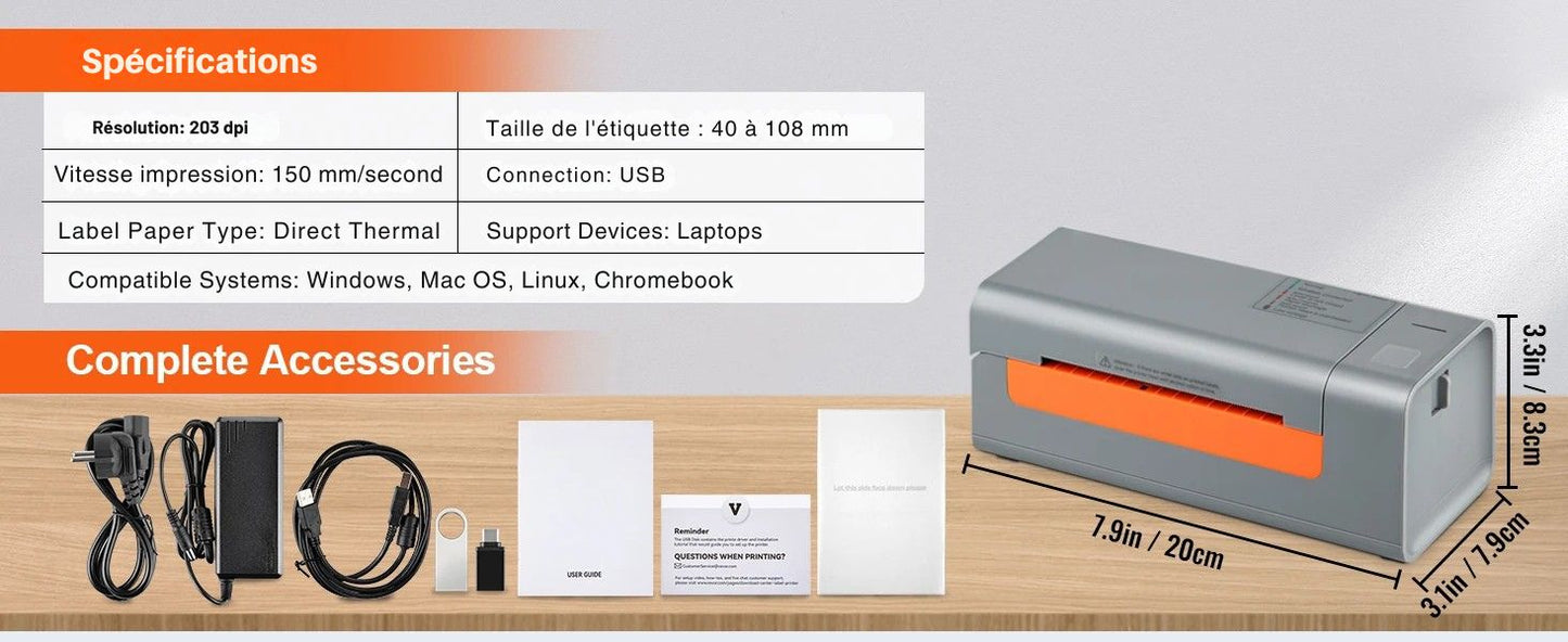 Printiup Label Flex - Imprimante Thermique Étiquettes 4x6 USB – Reconnaissance Automatique – Compatible Windows, Mac & Linux