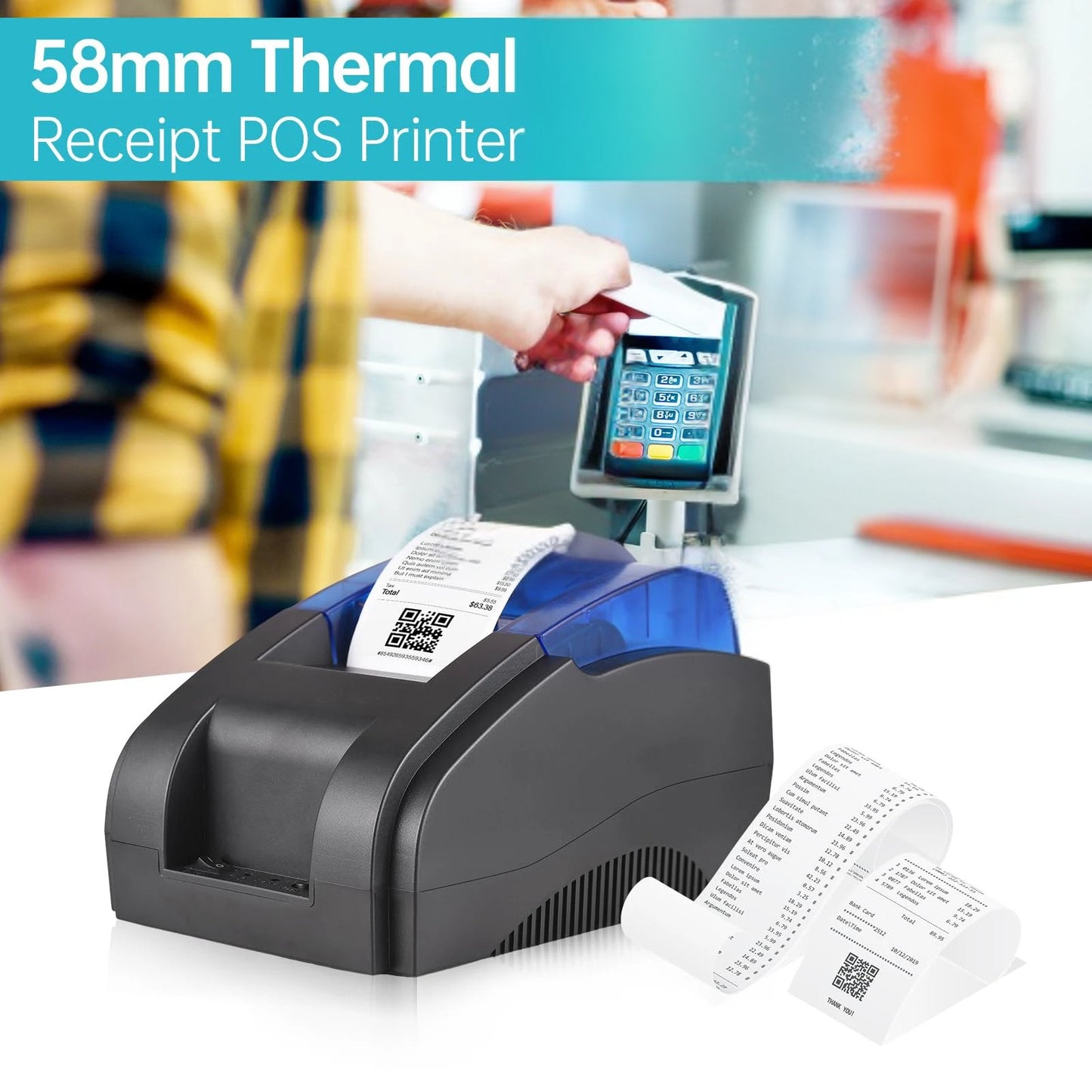 Printiup POS Flex - Imprimante Thermique Caisse 58 mm – Bluetooth & USB – Compatible iOS, Android, Windows & Mac