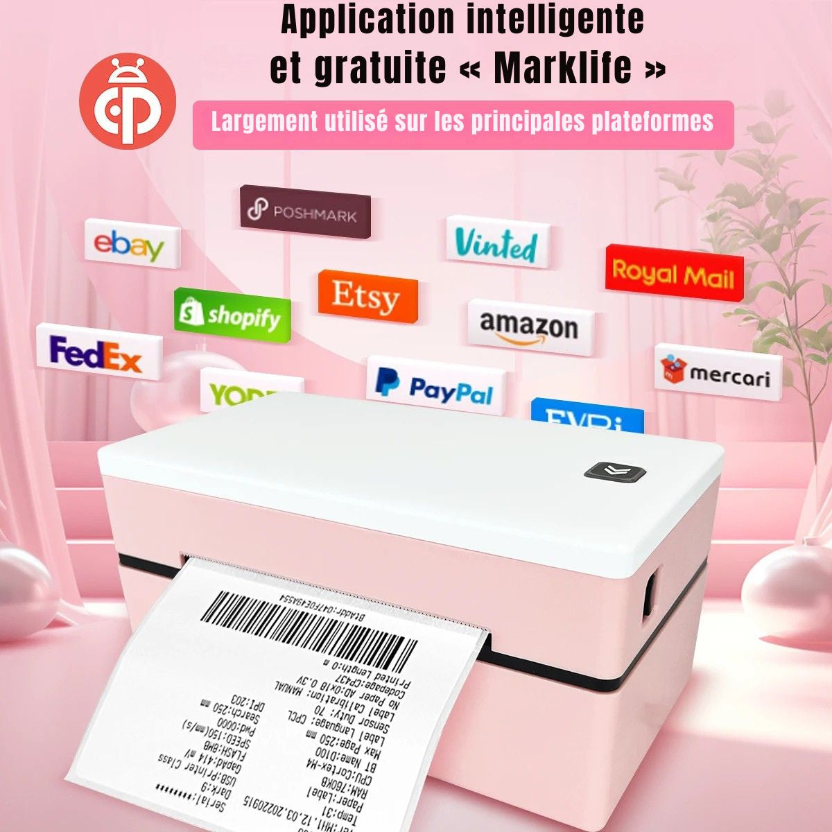 Printiup Label Rose - Imprimante Thermique Étiquettes 4x6 Bluetooth – Compacte & Économique – Compatible iPhone, Android, Mac & Windows