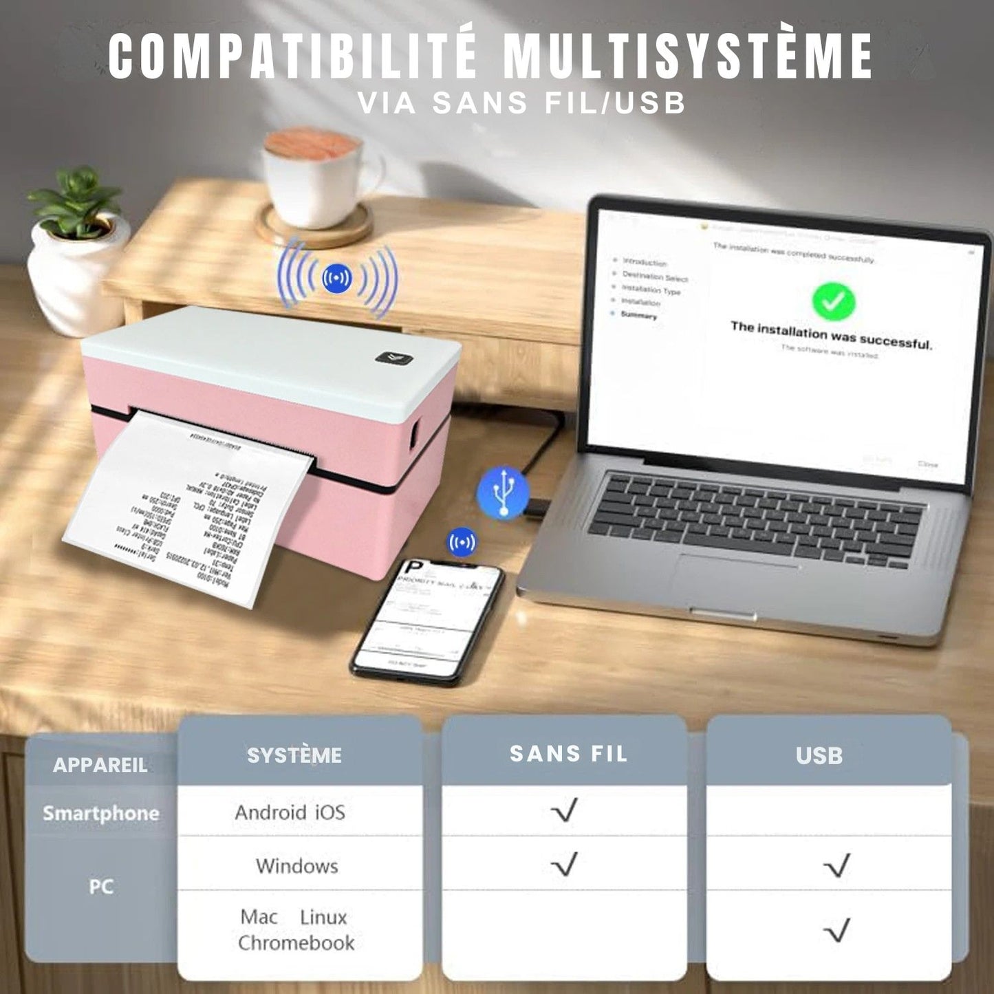 Printiup Label Rose - Imprimante Thermique Étiquettes 4x6 Bluetooth – Compacte & Économique – Compatible iPhone, Android, Mac & Windows